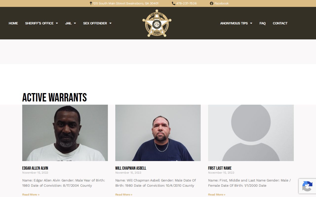 Emanuel County warrant records active-list page layout